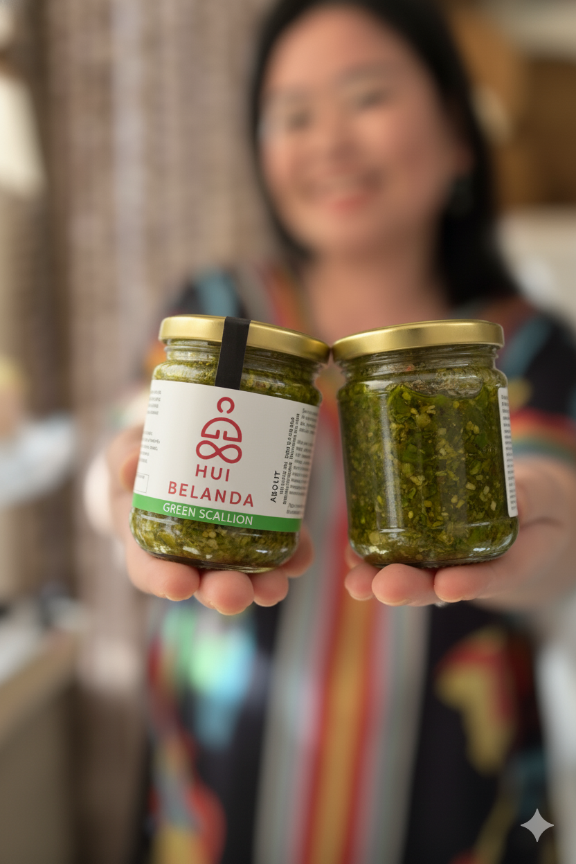 Person holding two jars of Hui Belanda Green Scallion Oil