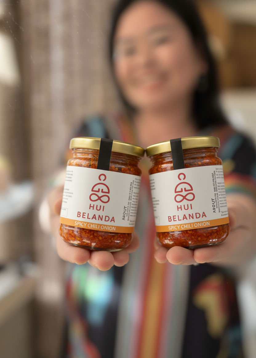 Person holding two jars of 'Hui Belanda' Spicy Chili Onion - Sambal Bawang